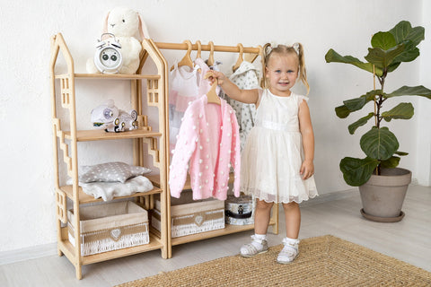 Montessori Wardrobe, Kids Clothing Rack, Wood Clothing Frame Rack Dress Up,  Display Kids Wardrobe, Baby Clothes Storage Child Size Furniture 